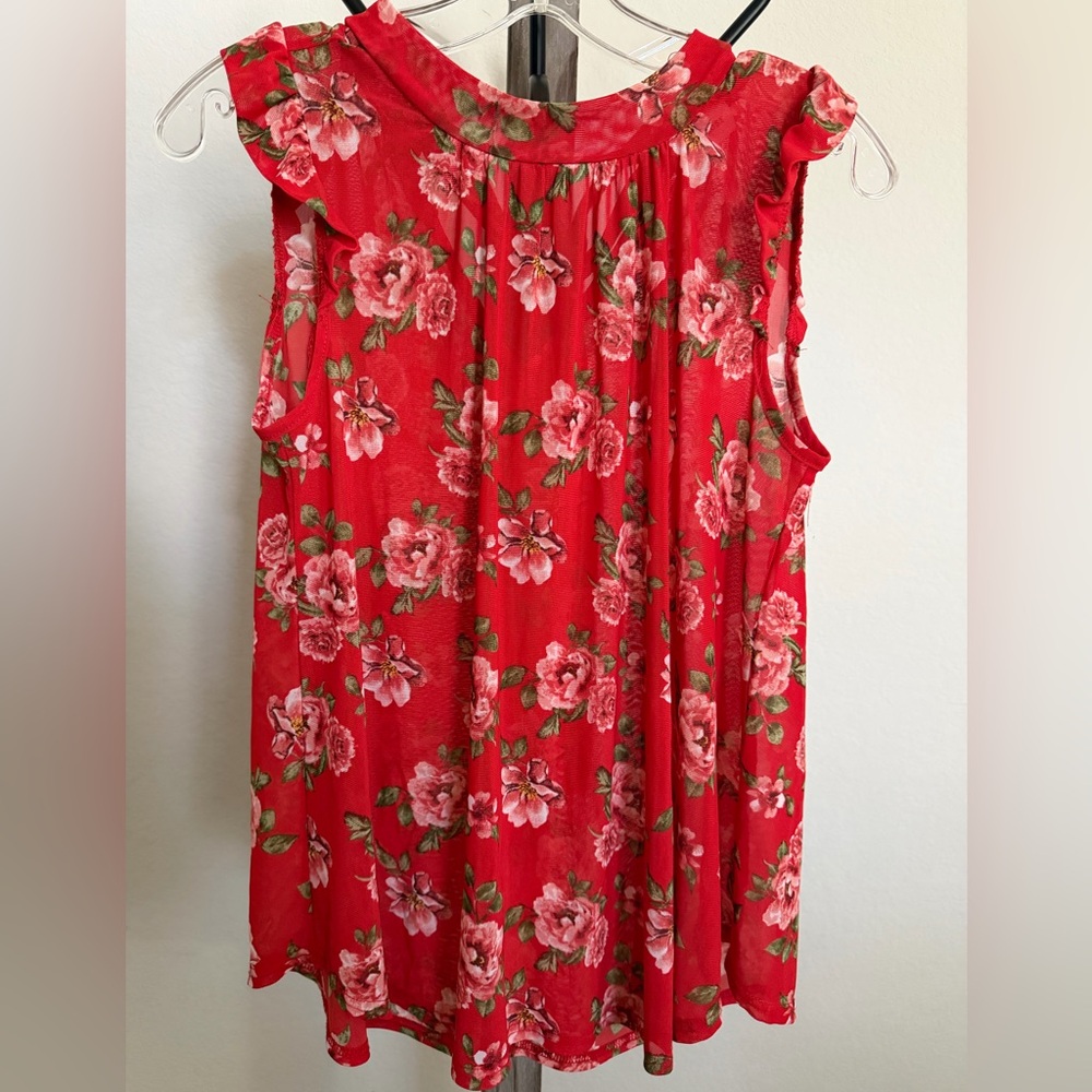 Sheer Floral Red Sleeveless Top